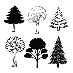 Adobe Illustrator Artwork CAD Drawings. Minimal style cad tree line side view, set of graphics trees elements outline symbol for architecture and landscape design drawing. Vector illustration
