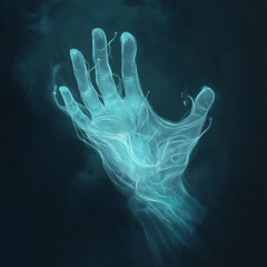 A transparent glowing blue hand reaching through dark water, radiating mysterious light and spiritual energy.