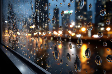 Raindrops on a window at night with city lights