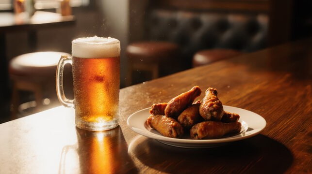 Golden beer mug, frothy foam, sits beside plate of delicious crispy chicken wings dark wooden bar counter. Relaxing pub atmosphere invites enjoyable social moments, offering perfect snack