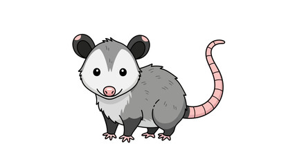 Cartoon opossum with gray fur pink noseears and black eyeslegs standing on a white background