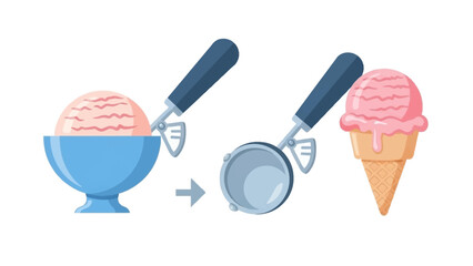Cartoon of pink ice cream being scooped into a cone from a bowl using an ice cream scoop