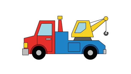 Naklejka premium Colorful cartoon tow truck with red cab blue body yellow crane is on a white background