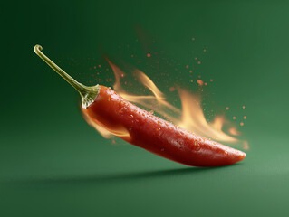 A vivid red chili pepper bursting into flames against a green background, symbolizing heat, flavor, and bold taste.