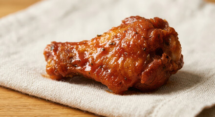 Delicious appetizing chicken wing drumette, perfectly fried and glazed with savory sauce. perfect food appetizer or snack, crispy poultry item offers delightful culinary experience, inviting