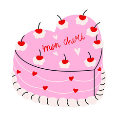 Coquette cake. Heart shaped Valentines day sweet dessert, romantic pastry for wedding anniversary celebration, trendy whipped cream confectionery and cherries. Vector illustration