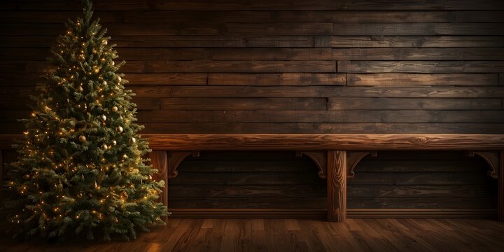 A large Christmas tree and a wooden wall behind it. - Powered by Adobe
