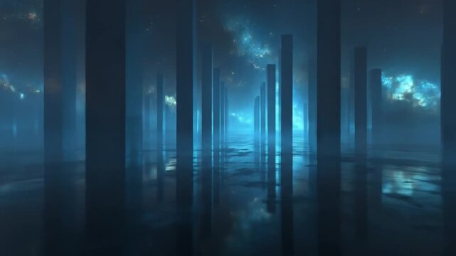 Abstract futuristic digital corridor with glowing blue light, reflective wet floor, and dark monolithic pillars, sci-fi concept.