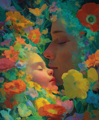 Mother Holding Baby Under Cherry Blossoms