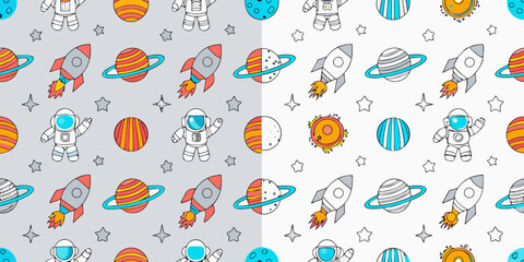 Seamless space pattern with astronauts planets rockets and stars © Dayal
