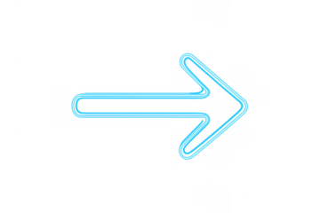 Blue neon arrow light sign pointing right, demonstrating direction, navigation, and next steps on transparent background