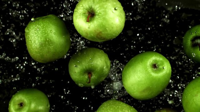 wet green apples arranged on black background with fine water droplets and rich glossy skin, cinematic Filmed on a high-speed camera at 1000 fps. High quality FullHD footage.