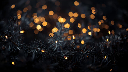 Christmas tree branches with blurred yellow bokeh lights background