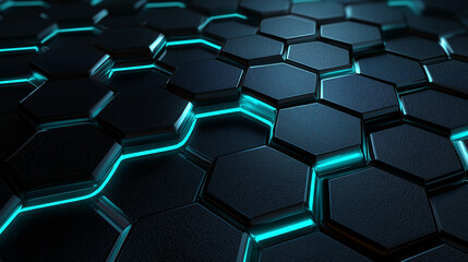 Dark blue metallic hexagonal plates futuristic armor texture glowing neon lines modern technology abstract pattern sci fi background