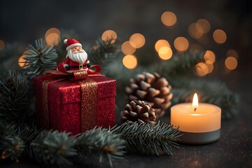 A plastic cartoon figure of a small Santa Claus sitting on a candle and gift box in a Christmas background.
