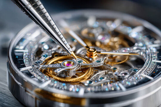 Close Up of Watch Repair with Tweezers and Jewels