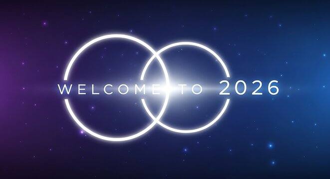 Welcome to 2026 with glowing circles on a cosmic background
