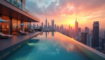 Luxury rooftop infinity pool overlooks city skyline during vibrant sunset. Serene urban atmosphere invites relaxation and upscale leisure. Modern architecture offers peaceful city view.