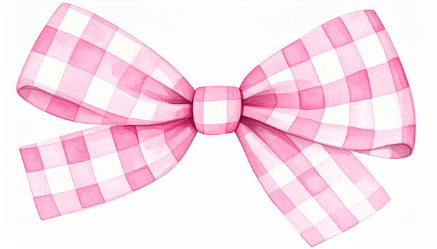 Watercolor painting of cute pink gingham bow, hand-drawn style, isolated on white background