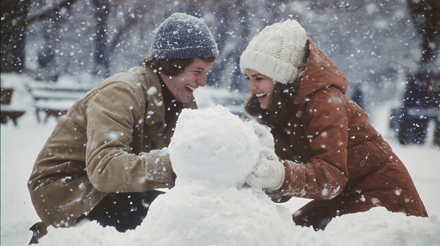 A couple laugh together as they build a snowman on a snowy winter day, bundled in cozy hats and coats. The falling snow adds a touch of magic to their heartwarming scene. - Powered by Adobe