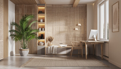 A bright and serene home office interior designed with natural wood, woven textures, and a large green plant, creating a calm workspace.