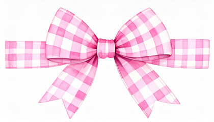 Watercolor painting of cute pink gingham bow, hand-drawn style, isolated on white background