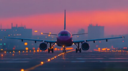Airplane preparing for takeoff at dusk with a colorful skyline in the background