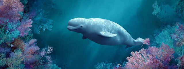 Fototapeta premium Gentle Beluga Whale Swimming Calmly Through Aqua Blue Waters Surrounded by Colorful Coral Reef