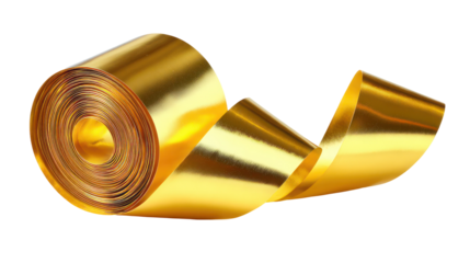 Golden ribbon unrolling on a transparent background isolated on transparent background