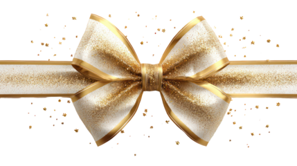 Elegant gold and white ribbon bow with glitter isolated on transparent background