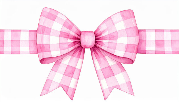 Watercolor painting of cute pink gingham bow, hand-drawn style, isolated on white background