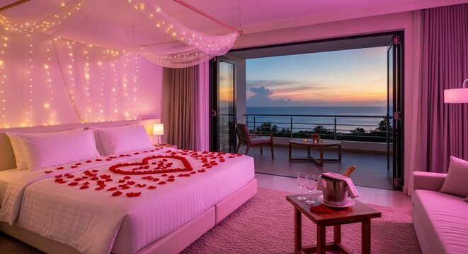 Romantic getaway with ocean view at dusk, imagine celebrating a honeymoon or anniversary in this stunning bedroom with rose petals and champagne