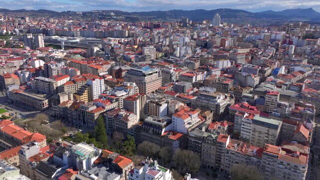 Aerial view of Vigo city center in Pontevedra, Galicia, Spain. Coastal city on the Ria de Vigo inlet, Capital Comarca.