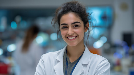 Fototapeta premium Smiling Female Scientist in Laboratory Coat Conducting Biomedical Research with Microscope - Female Biochemist in Healthcare Environment