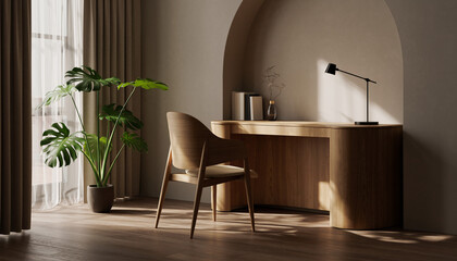 A minimalist home office with a wooden desk, modern chair, and large Monstera plant.