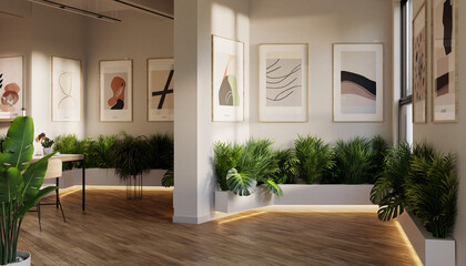 Fototapeta premium Modern interior design with abstract art, wooden floors, and lush green plants in a bright, contemporary space.