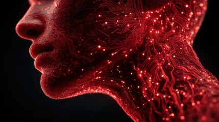 Digital artwork of a human face with glowing circuit patterns in a dark background, showcasing the fusion of technology and humanity