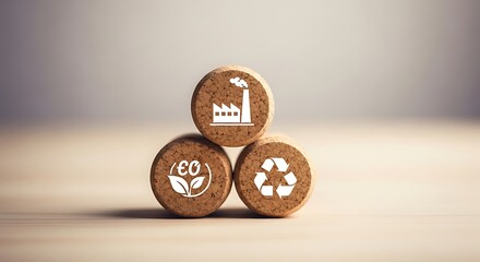 Three corks stacked with icons representing industry, carbon capture, and recycling, symbolizing environmental responsibility