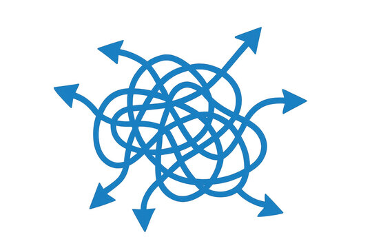 Tangled blue arrows forming a complex knot, symbolizing confusion, abstract problems, and multiple directions on transparent background