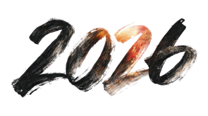 Textured 2026 numbers painted with brush strokes isolated on transparent background