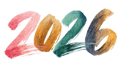 Colorful watercolor brush strokes forming the year 2026 isolated on transparent background