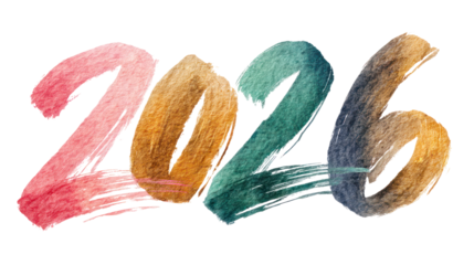 Colorful watercolor brush strokes forming the year 2026 isolated on transparent background