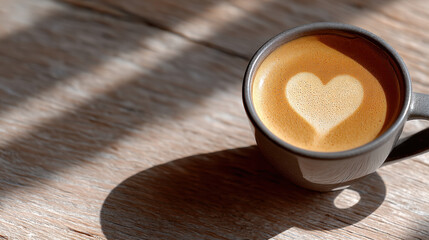 Filtered coffee with heart shape foam art in cup on wooden table best for heart health and cozy morning moment