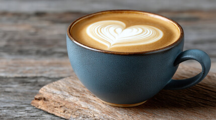 Filtered coffee with heart shaped latte art in blue cup is best for heart health and cozy moment to enjoy