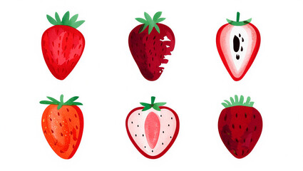 Set of six watercolor strawberries, including whole, halved, and bitten berries, showing different textures and details, isolated on a white background.
