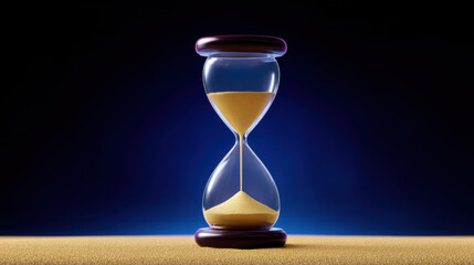 Flowing sand in hourglass for editorial design with yellow sand and wooden frame on dark blue background