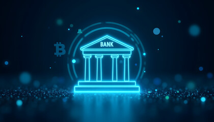 Glowing neon bank building icon with digital currency and abstract background