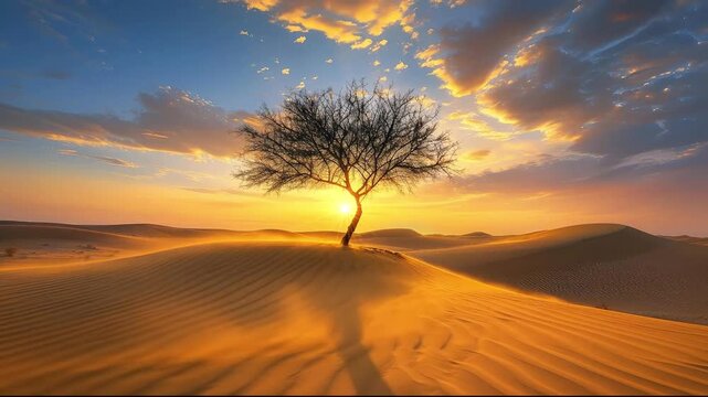 A leafless tree silhouetted against a vibrant sunset over rippled sand dunes