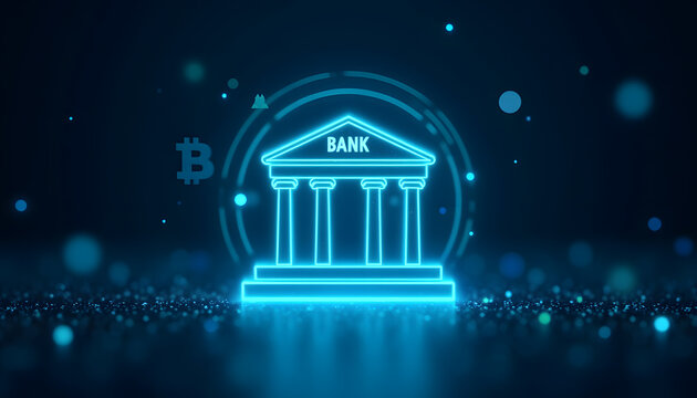 Glowing neon bank building icon with digital currency and abstract background