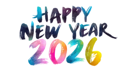 Happy new year 2026 colorful watercolor text isolated on transparent background